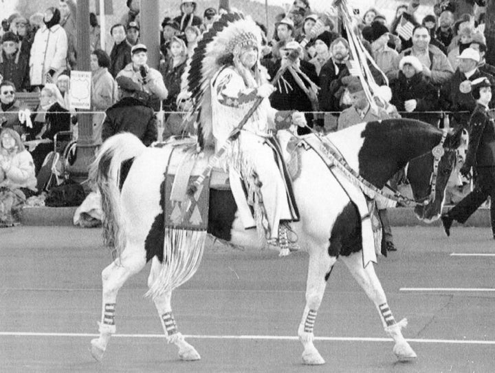 Sen. Ben Nighthorse Campbell rides his horse in the Inaugural Parade Wednesday in Washington, DC on Jan 20, 1993. 1993; (Photo By Susan Biddle/The Denver Post via Getty Images)