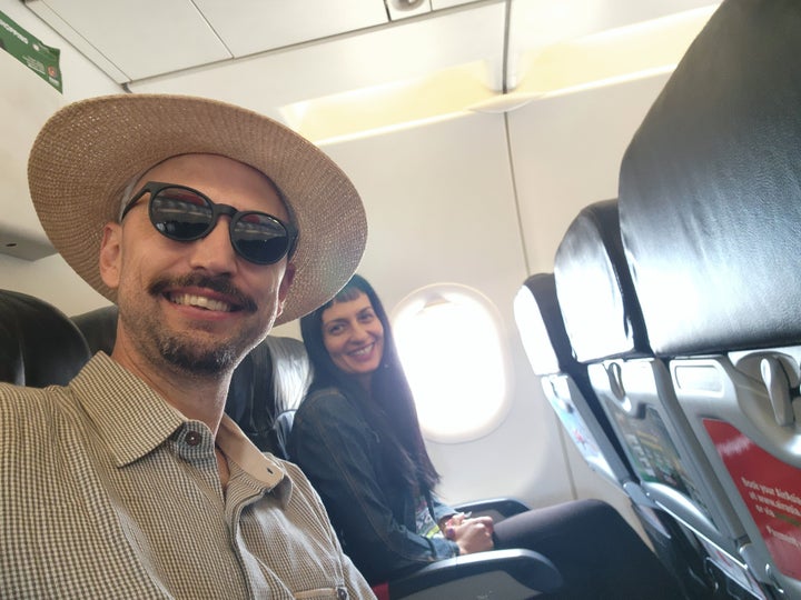 Feride and the author on the plane leaving Cambodia.