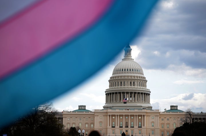 The U.S. Capitol Building is seen behind the Transgender Pride Flag during the Trans Day Of Visibility rally on the National Mall on March 31, 2025 in Washington City. (Photo by Kayla Bartkowski/Getty Images)