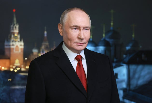 Russian President Vladimir Putin speaks during a recording of his annual televised New Year's message on New Year's eve in the Kremlin in Moscow, on Wednesday, Dec. 31, 2025.