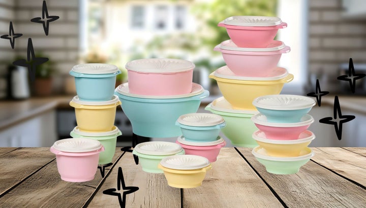 The Tupperware Heritage collection features some recognizable colors and motifs.