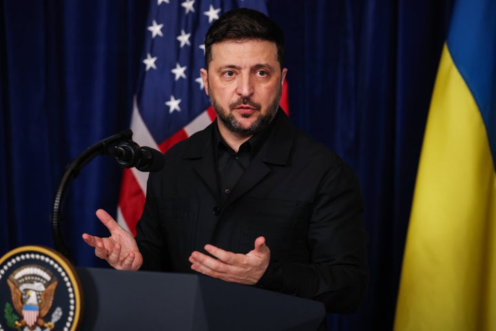 Ukrainian President Volodymyr Zelensky speaks during a news conference with U.S. President Donald Trump following their meeting at Trump’s Mar-a-Lago club on December 28, 2025 in Palm Beach, Florida. (Photo by Joe Raedle/Getty Images)