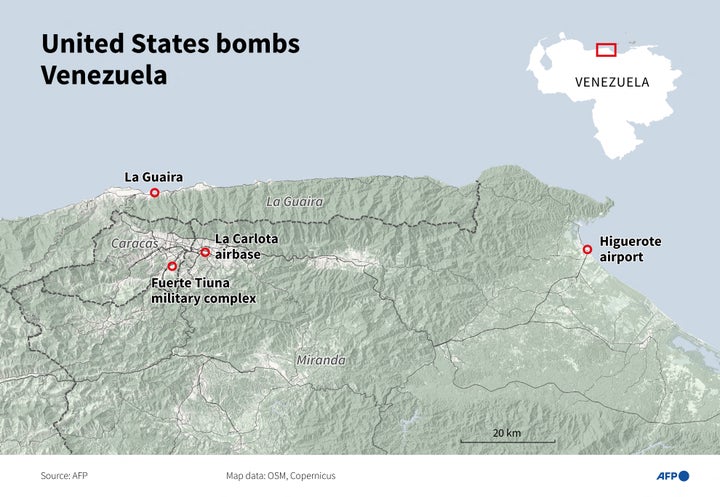 Map locating in Venezuela La Guaira, Higuerote, and Caracas, targeted by military strikes by the United States (Graphic by AFP via Getty Images)