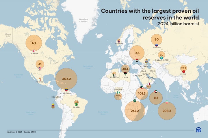 Turkish media outlet Anadolu creates an infographic of countries with the largest proven oil reserves in the world, on Nov. 5, 2025.
