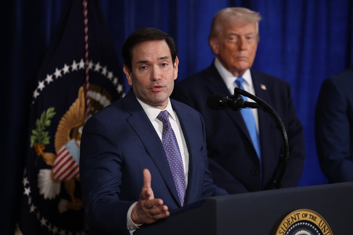 President Donald Trump watches Secretary of State Marco Rubio's remarks about Venezuelan president Nicolas Maduro's capture during a Jan. 3 press briefing at Trump's Mar-a-Lago estate.