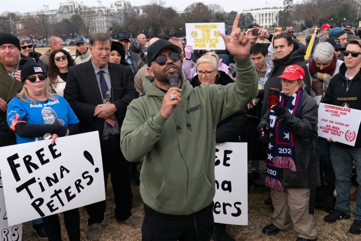 Enrique Tarrio, the former head of the Proud Boys, speaks during a rally at the Ellipse near the White House on Jan. 6, 2026, in Washington.