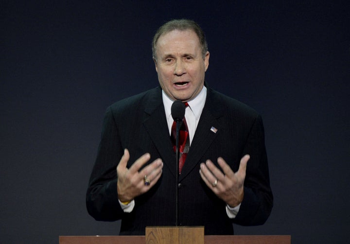 Michael Reagan, pictured addressing delegates at the Republican National Convention in 2004, was a contributor to the conservative Newsmax television network and talk radio host.