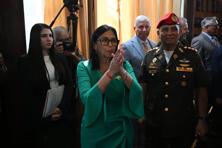 Venezuela's interim President Delcy Rodriguez gestures after a session of the National Assembly in Caracas on January 5, 2026. Venezuela's parliament swore in Delcy Rodriguez as interim president on January 5, two days after US forces seized her predecessor Nicolas Maduro to face trial in New York. Members of the new National Assembly offered their full backing to Rodriguez -- who had been Maduro's vice president -- and reelected her brother Jorge Rodriguez as parliament head. (Photo by Federico PARRA / AFP via Getty Images)