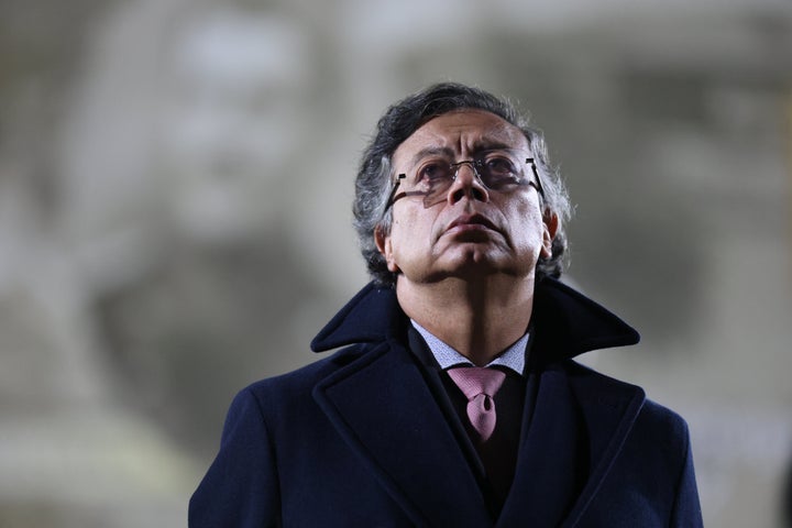 Colombian President Gustavo Petro looks on during a swearing-in ceremony for new military commanders at the army academy in Bogota, Colombia, Monday, Dec. 29, 2025. (AP Photo/Esteban Vega)