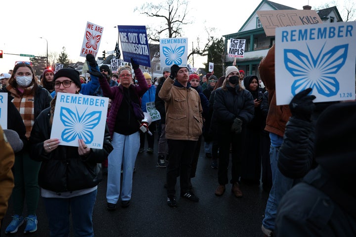 People gather for a vigil following a shooting by an ICE agent during federal law enforcement operations on January 07, 2026 in Minneapolis, Minnesota. 