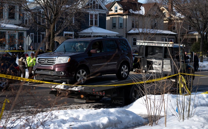 MINNEAPOLIS, MINNESOTA - JANUARY 07: A vehicle involved in a shooting by an ICE agent during federal law enforcement operations is towed away on January 07, 2026 in Minneapolis, Minnesota. (Photo by Stephen Maturen/Getty Images)