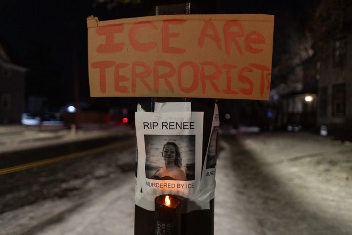 A sign found near a protest on Thursday in Minneapolis, Minnesota after 37-year-old Renee Good was fatally shot by an ICE officer the day before.