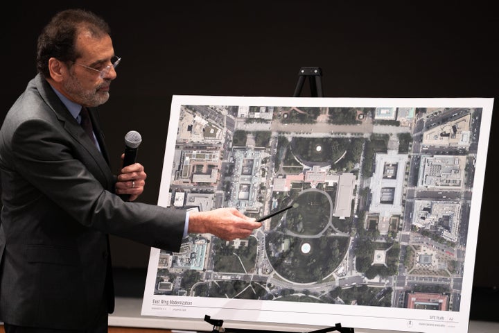 Architect Shalom Baranes points at a rendering on a board during a National Capitol Planning Commission meeting discussing the White House ballroom project on Thursday,