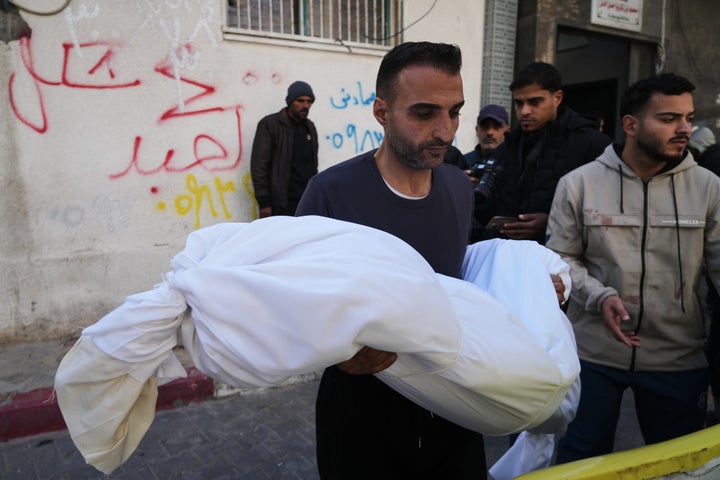 The body of 11-year-old Palestinian girl Hamsa Hosou, killed by Israeli fire in Jabalia, is brought to Shifa Hospital in Gaza City on Jan. 8, 2026.