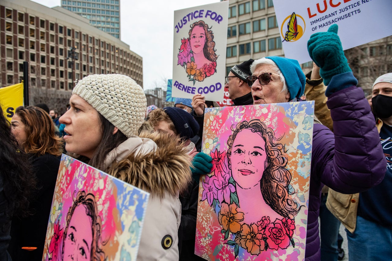 Protesters in Boston hold signs of Renee Good, who was fatally shot by ICE officer Jonathan Ross on Jan. 7 in Minneapolis. (Photo by Joseph Prezioso / AFP via Getty Images)