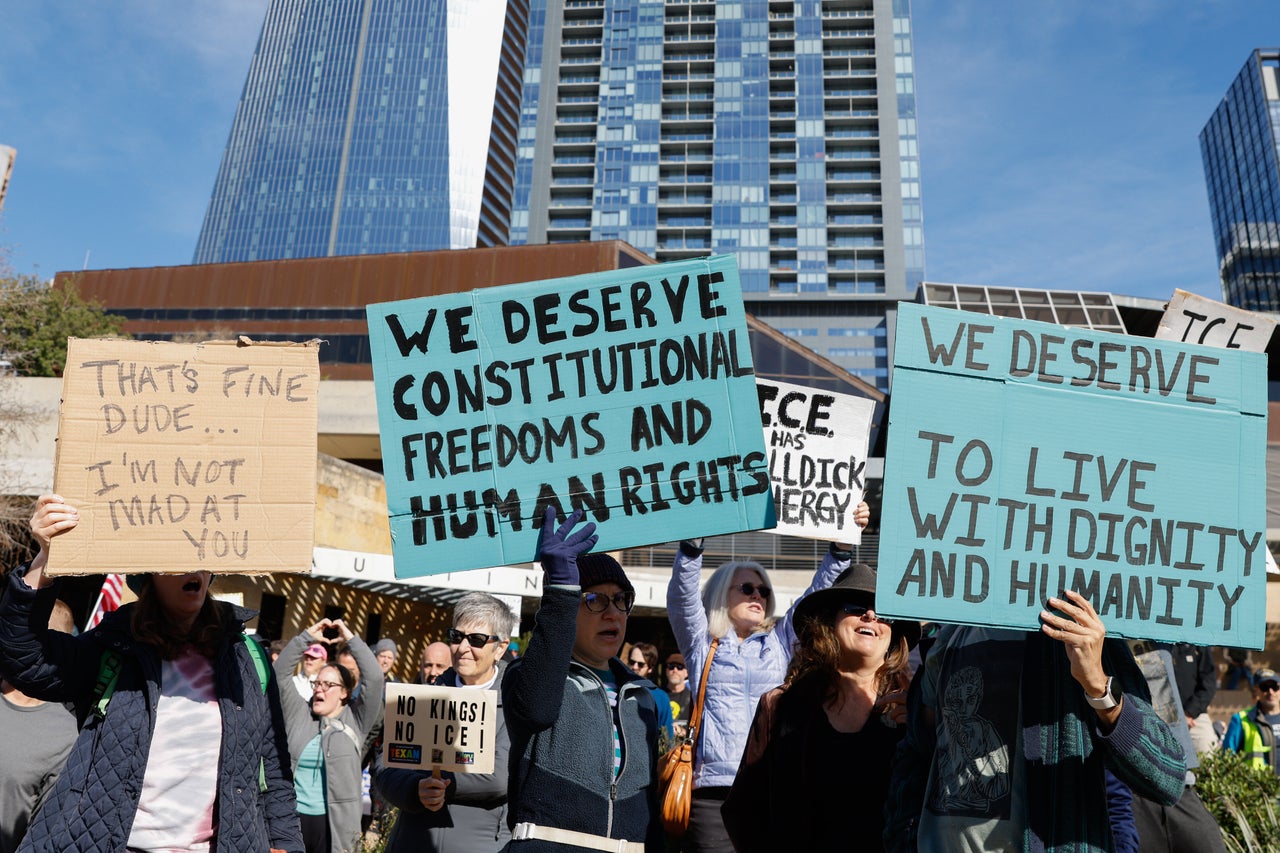 Hundreds protest against ICE outside of Austin City Hall in Austin, Texas, on Jan. 10, 2026.