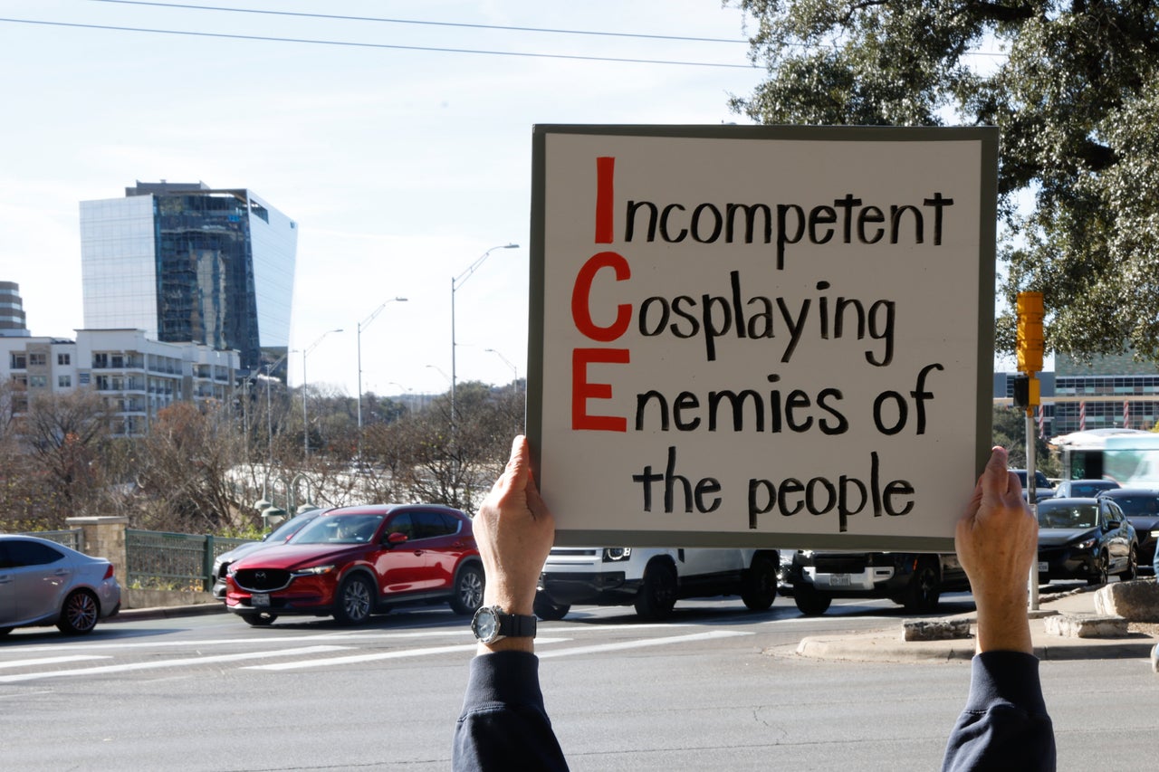 Hundreds protest against ICE outside of Austin City Hall in Austin, Texas, on January 10, 2026. (Photo by Stephanie Tacy/NurPhoto via Getty Images)