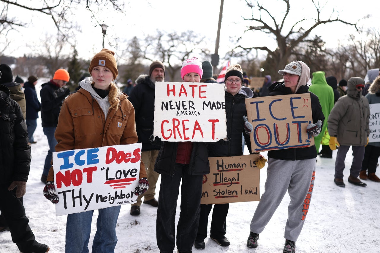 People protest against ICE after the fatal shooting of Renee Nicole Good in downtown Minneapolis, Minnesota on Jan. 10, 2026.