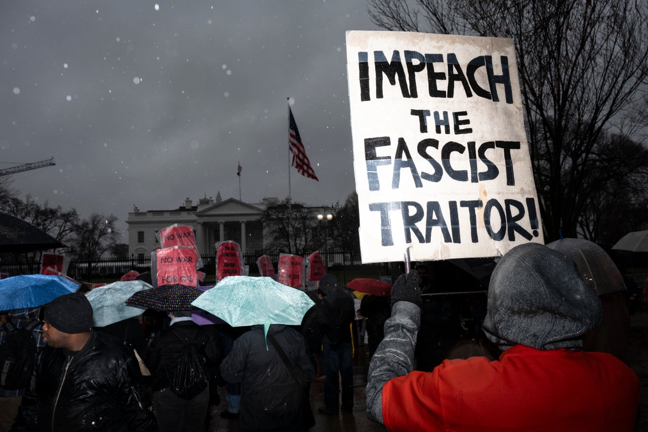 Demonstrators hold signs as they gather at Lafayette Park in front of the White House for a protest against the Trump administration and to demand the release of former Venezuela President Nicolás Maduro and his wife Cilia Flores on Jan. 10, 2026 in Washington, DC.The demonstrations include a "Free Iran" rally, a protest against the ICE shooting of Renee Nicole Good and a "U.S. out of Venezuela" rally.