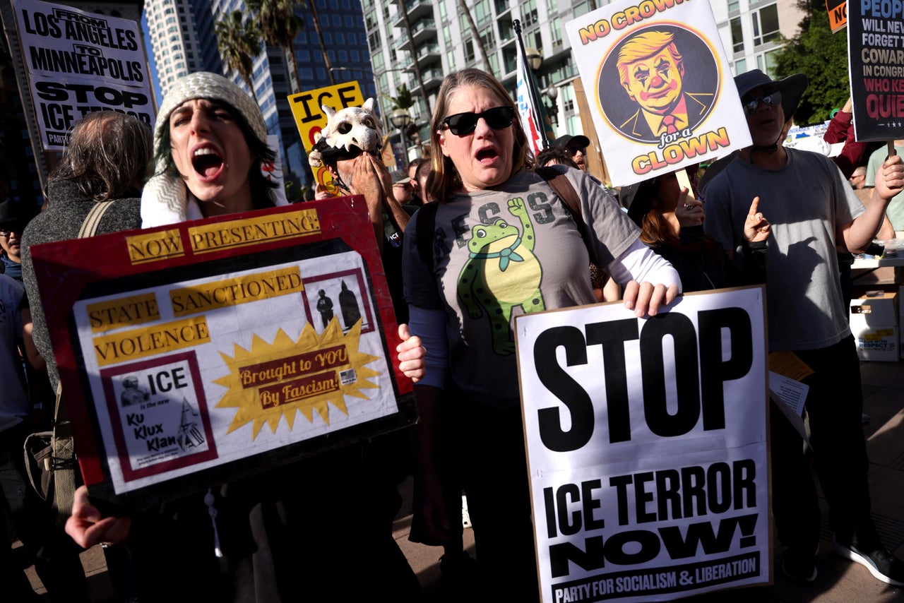 Hundreds participate in a protest rally in Pershing Square on Saturday against the Trump administration's incursion into Venezuela and recent ICE shootings in Minneapolis and Portland in downtown Los Angeles on January 10, 2026. (Genaro Molina/Los Angeles Times via Getty Images)
