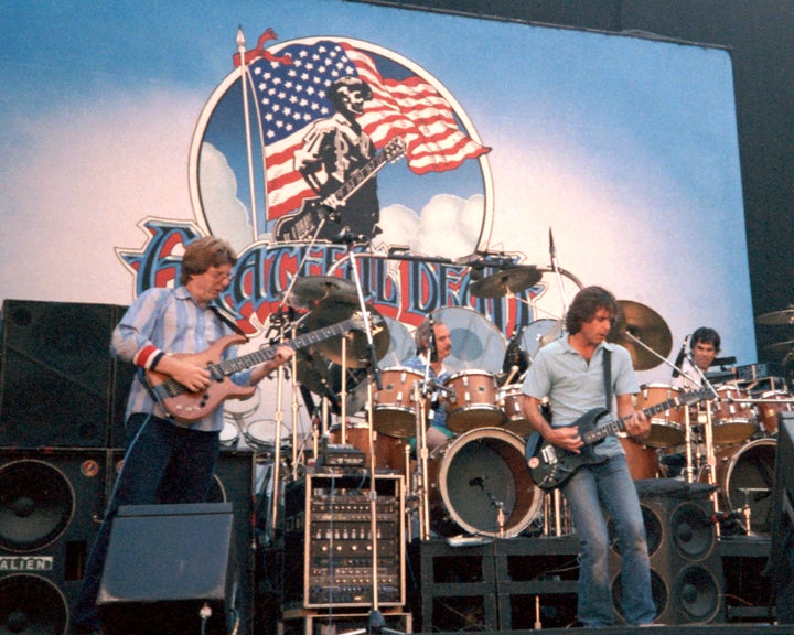 The Grateful Dead perform at the Greek Theater in Berkeley, California on June 16, 1985. (L-R) Phil Lesh, Bill Kruetzmann, Bob Weir, Mickey Hart. (Photo by Clayton Call/Redferns)