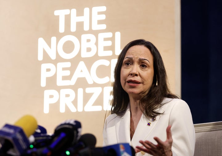 Nobel peace prize laureate Maria Corina Machado addresses a press conference at the Grand Hotel in Oslo, Norway, on December 11, 2025. (Photo by Odd ANDERSEN / AFP via Getty Images)