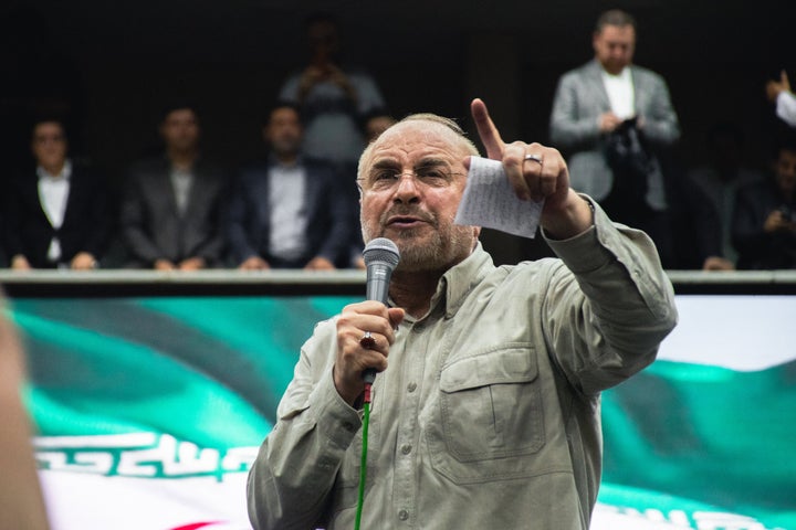 Mohammad Bagher Qalibaf, a conservative Iranian parliament Speaker, gives a speech during a campaign rally held for the frontrunner candidate for the upcoming snap presidential election in Tehran, Iran, on June 26, 2024. 