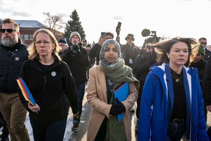 Representative Kelly Morrison, a Democrat from Minnesota, from left, Representative Ilhan Omar, a Democrat from Minnesota, and Representative Angie Craig, a Democrat from Minnesota, arrive for an oversight visit at the Bishop Henry Whipple Federal Building in St. Paul, Minnesota, US, on Saturday, Jan. 10, 2026. The investigation into the killing of a US citizen by an ICE agent in Minneapolis this week is being complicated by clashes between federal and local officials, with the FBI taking control over the objections of Governor Tim Walz. Photographer: Victor J. Blue/Bloomberg via Getty Images