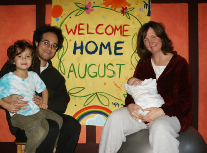 Five weeks after his birth, August left the NICU and went home (March 2007). Pictured left to right: the author's older son Porter, husband Johnny, baby August and the author.