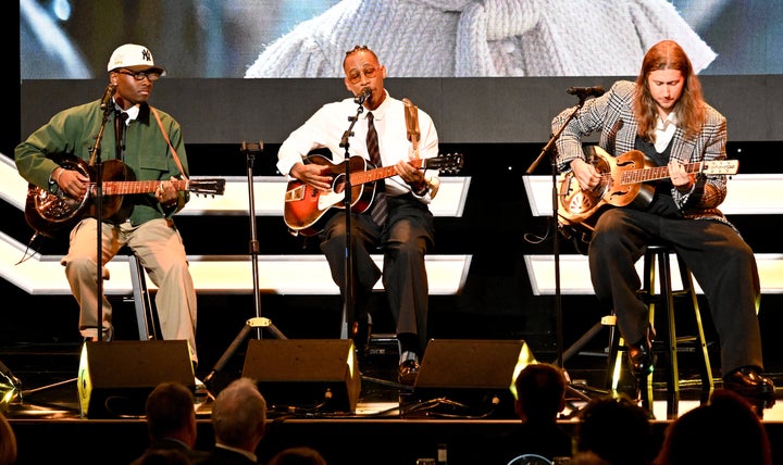 (L-R) Miles Caton, Raphael Saadiq and Ludwig Göransson performing onstage at the 39th American Cinematheque Awards on Nov. 20, 2025, in Los Angeles, California.