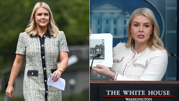 White House press secretary Karoline Leavitt frequently wears tweed jackets and dresses in public appearances. 