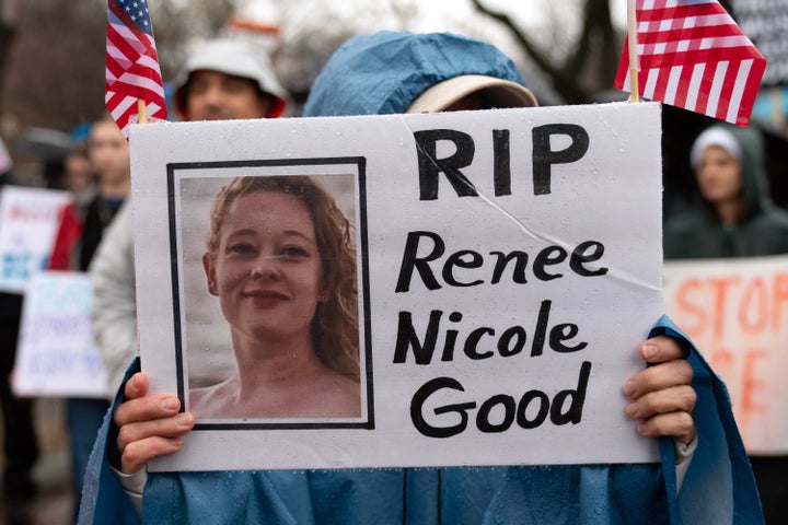 Demonstrators protest outside the White House in Washington, Saturday, Jan. 10, 2026, against the Immigration and Customs Enforcement agent who fatally shot Renee Good in Minneapolis.