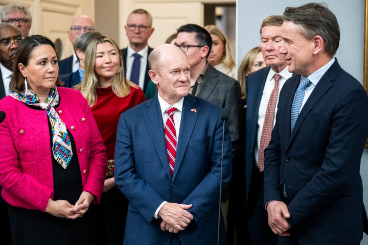 Senator Chris Coons speaks at a press conference at Christiansborg Palace on January 16, 2026 in Copenhagen, Denmark. US Senator Chris Coons (D-DE) is leading the congressional delegation on a two-day visit to Copenhagen, where the American representatives plan to demonstrate strong bipartisan and bicameral support in Congress for our Danish NATO ally, as they discuss cooperation between Denmark, Greenland and the US. (Photo by Martin Sylvest Andersen/Getty Images)