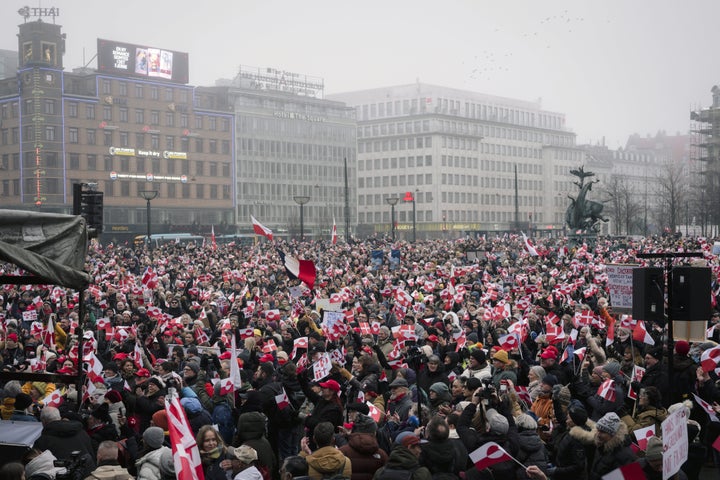 Protesters gather during a demonstration in Copenhagen, Denmark, on Saturday, Jan. 17, 2026.