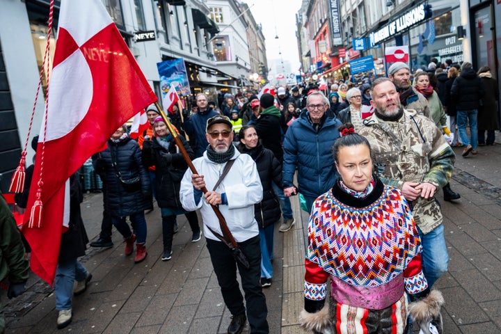 Protesters walk down Strøget during a protest in support of Greenland on January 17, 2026 in Copenhagen, Denmark. 