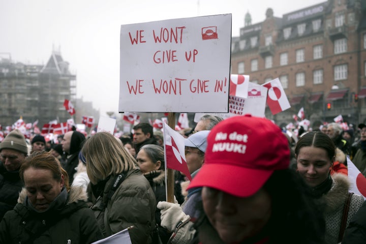 A protester holds a placard during a demonstration in Copenhagen, Denmark, on Saturday, Jan. 17, 2026.