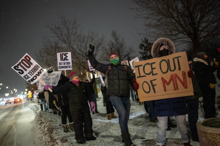 Demonstrators rally against the Immigration and Customs Enforcement (ICE) deployment in St. Paul, Minnesota, on Friday, Jan. 16, 2026.