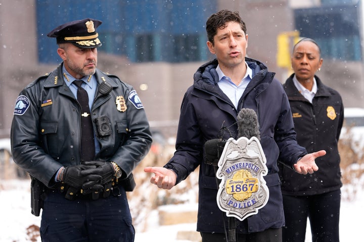 Minneapolis Mayor Jacob Frey holds a news conference as Police Chief Brian O'Hara listens, on Saturday, Jan. 10, 2026, in Minneapolis.