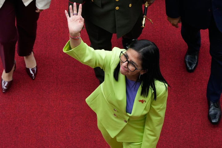 Venezuela's acting President Delcy Rodriguez arrives at the National Assembly in Caracas, Venezuela, Thursday, Jan. 15, 2026.