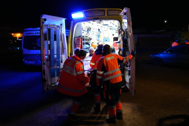 An injured person is taken from the Adamuz sports center on Jan. 19, 2026, in Adamuz, Spain. The train derailment in the Cordoba municipality of Adamuz has caused at least 39 deaths.
