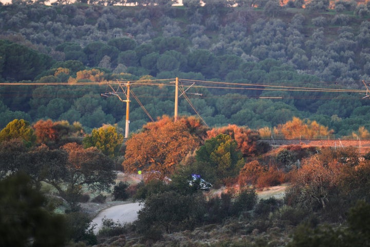 Police cars near the site of a high-speed train collision in Adamuz, near Córdoba, southern Spain, on Jan. 19, 2026.