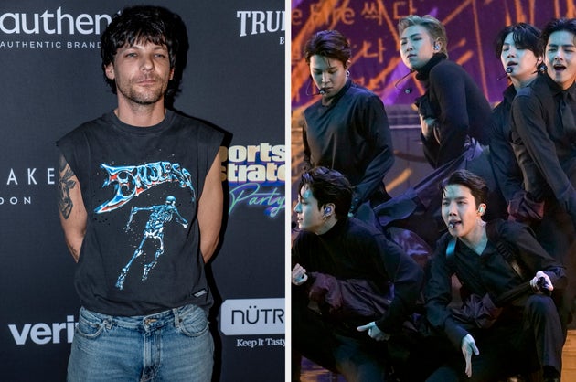 Louis Tomlinson (left) and six members of BTS (right)