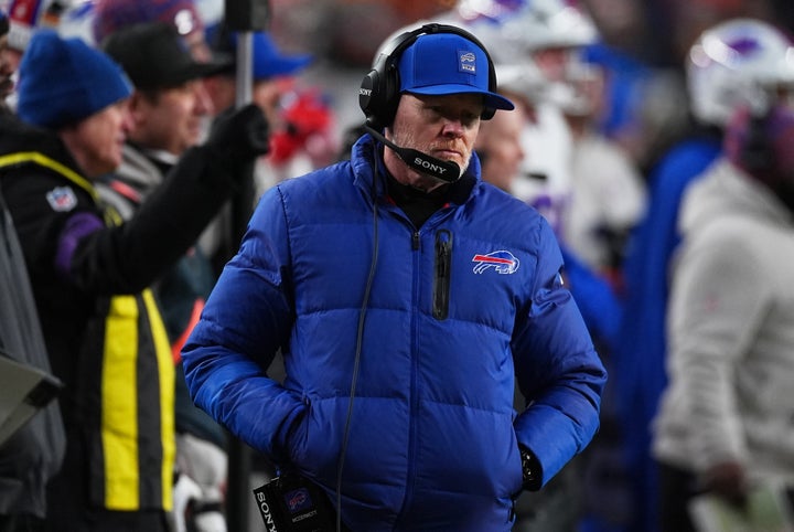 Buffalo Bills head coach Sean McDermott walks on the sidelines during the second half of an NFL divisional round playoff football game against the Denver Broncos, on Jan. 17, 2026, in Denver.