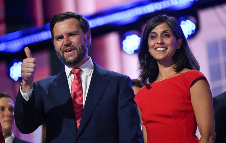 Vice President JD Vance and his wife Usha Vance stand on stage on the last day of the 2024 Republican National Convention.