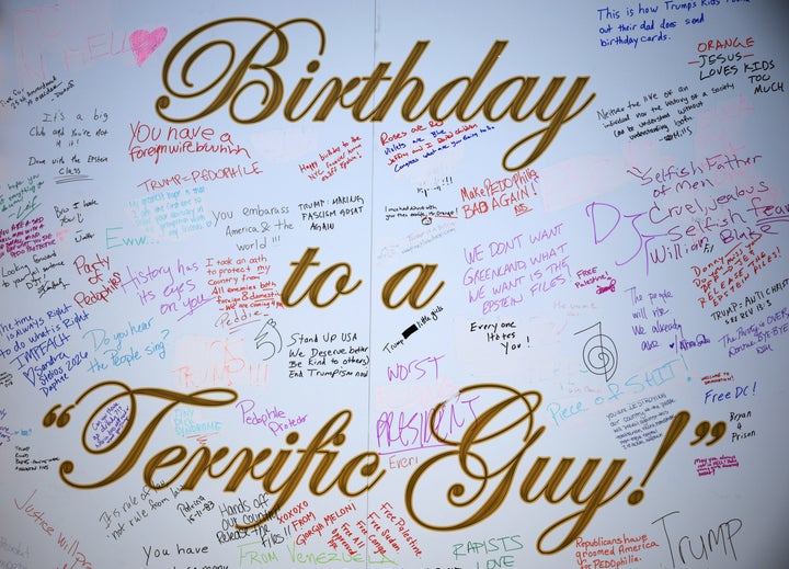 "We don't want Greenland, what we want is the Epstein files," a handwritten message from a visitor reads. 