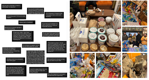 Left: Messages of support the store received; Right: Just a few of the treats that customers sent