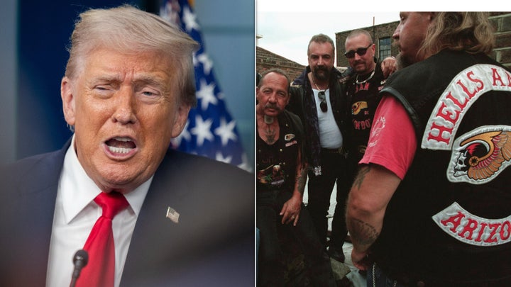 President Donald Trump, left, and Sonny Barger, patriarch of the Hells Angels, with some of their biker comrades.