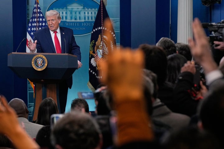 President Donald Trump speaks during a press briefing at the White House in Washington, Tuesday, Jan. 20, 2026. (AP Photo/Julia Demaree Nikhinson)