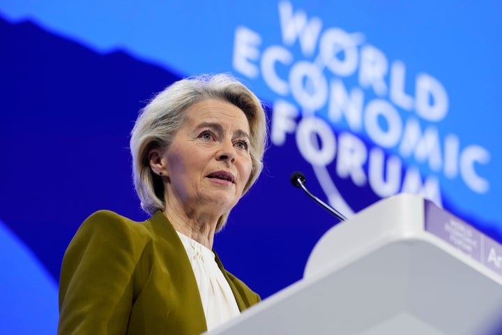 President of the European Commission Ursula von der Leyen talks during the Annual Meeting of the World Economic Forum in Davos, Switzerland, Tuesday, Jan. 20, 2026. (AP Photo/Markus Schreiber)