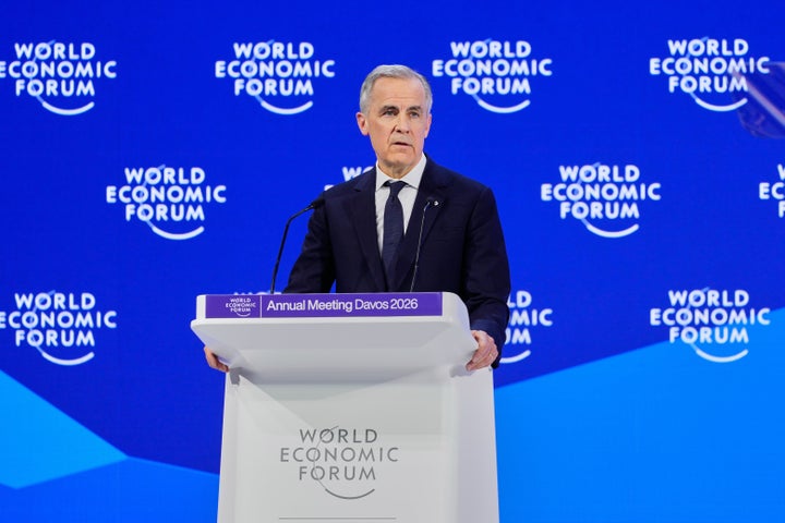 Canada's Prime Minister Mark Carney speaks during the Annual Meeting of the World Economic Forum in Davos, Switzerland, Tuesday, Jan. 20, 2026. (AP Photo/Markus Schreiber)